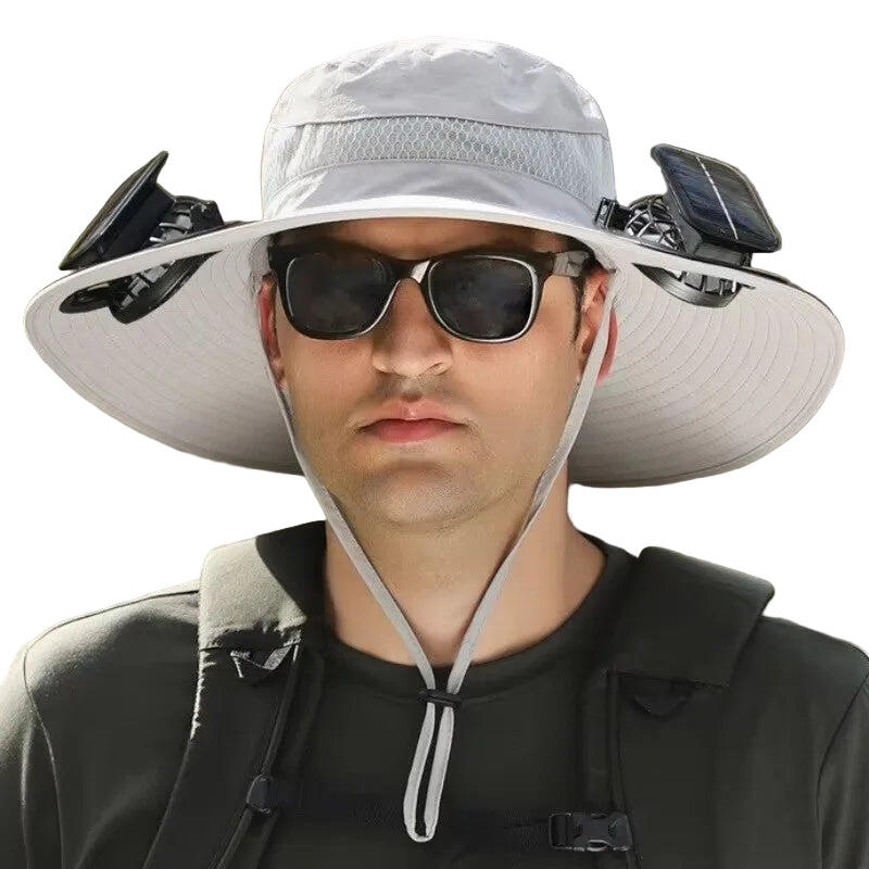 Grey Outdoor Sun Hat with Solar Fan Wide Brim