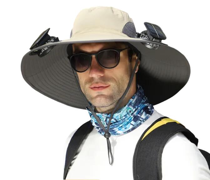 Khaki Dual Solar Fan Hat with Rechargeable Battery