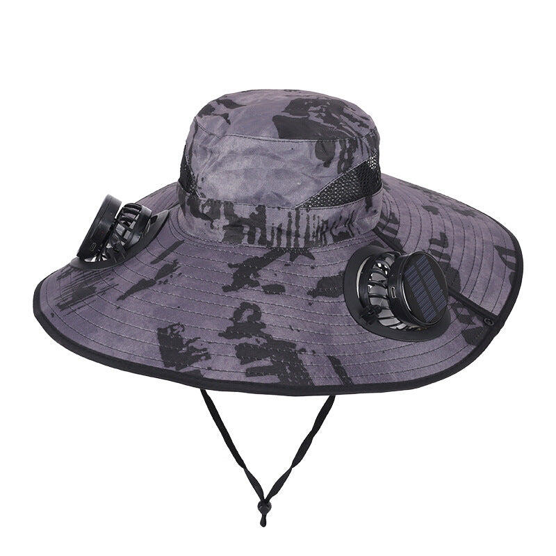 Camouflage Grey  Sun Hat with Round Solar Panel & TypeC Interface