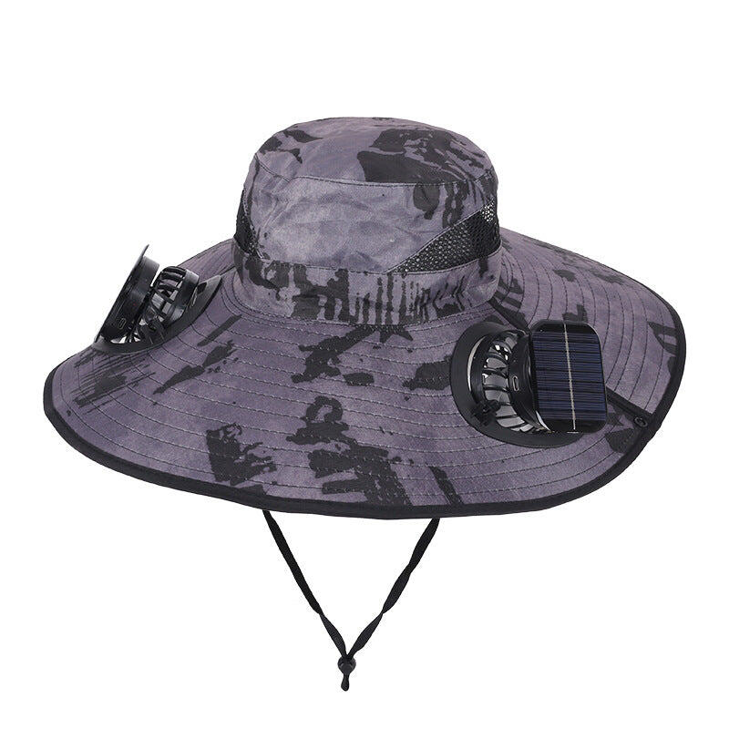 Camouflage Grey  Sun Hat with Square Solar Panel & TypeC Interface