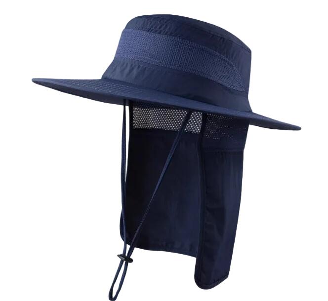 Wide Brim Sun Hat with Neck Flap  Safari Cap Mesh Breathable - Navy Blue