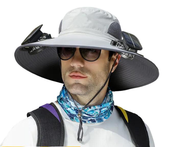 Light Grey Dual Solar Fan Hat with Rechargeable Battery