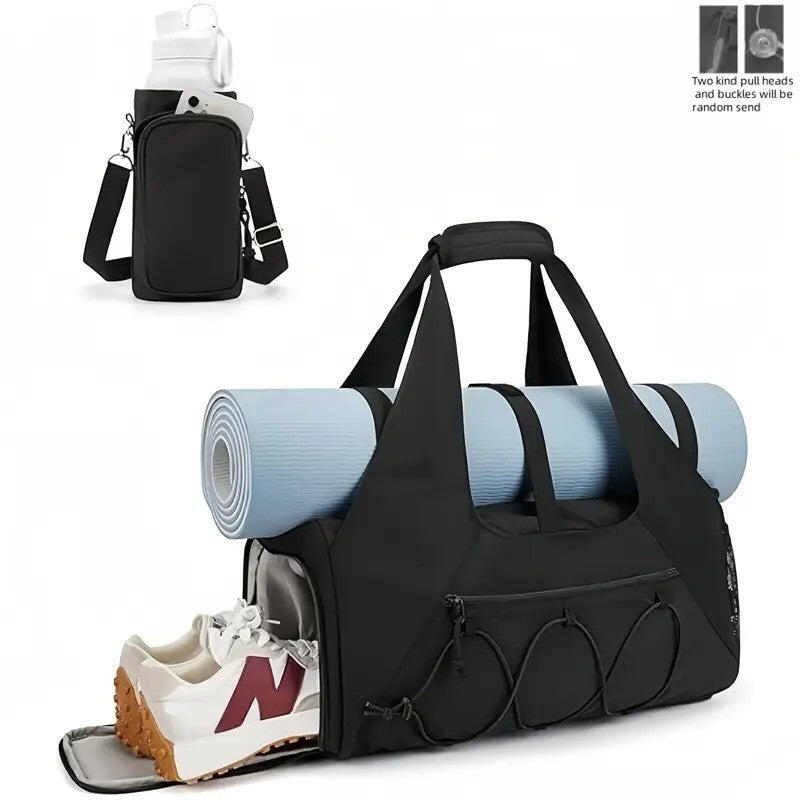Black High-Capacity Yoga Gym Duffel Set with Bonus Bottle Phone Pouch