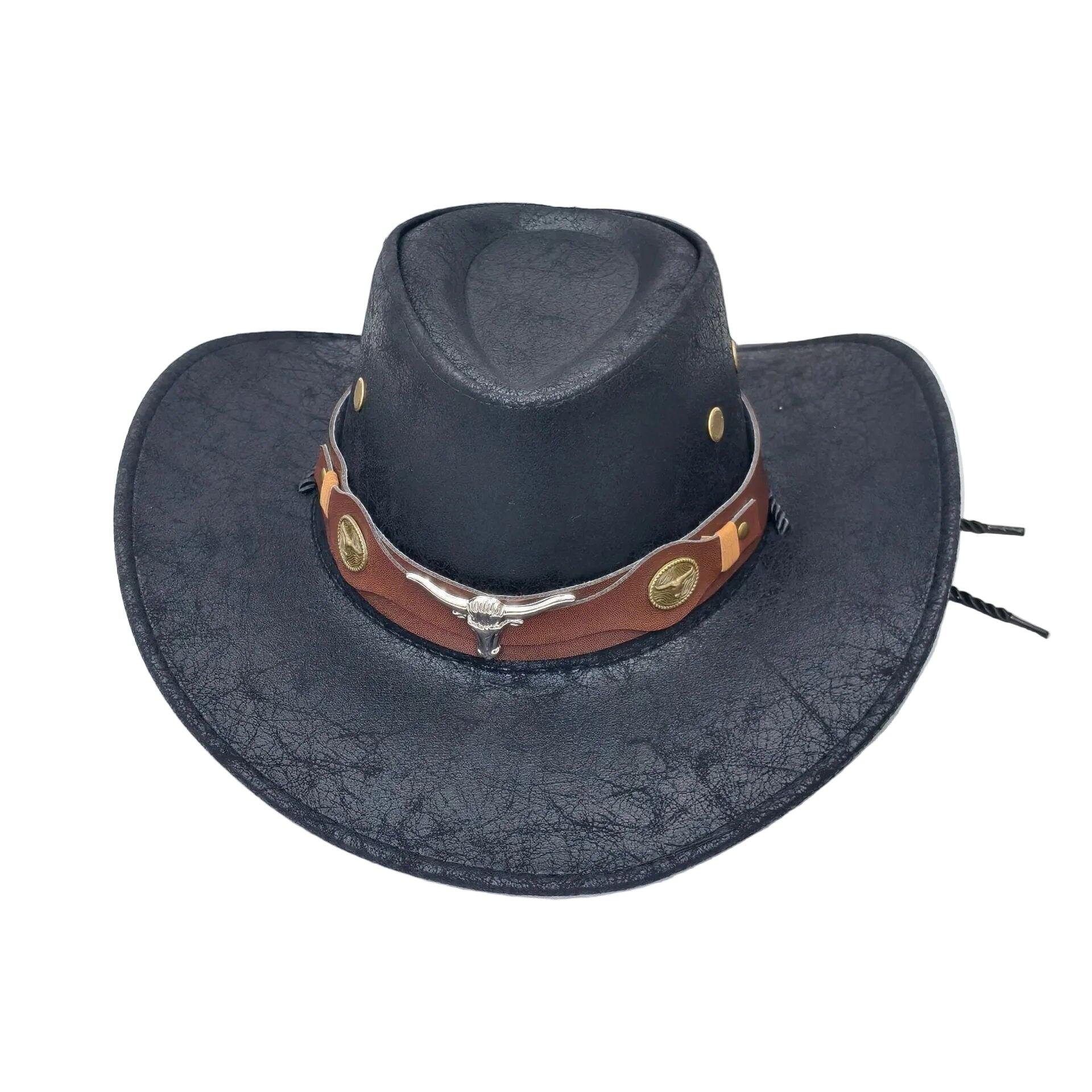 Wide Brim Outback Sun Hat with Bull Head Emblem for Men & Women (Black)