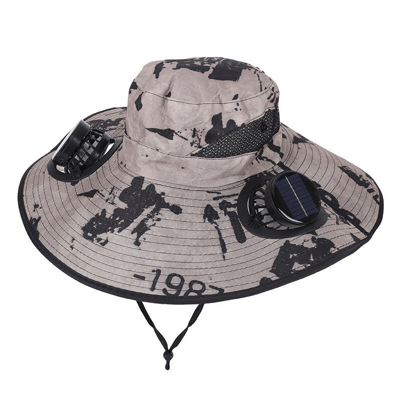 Camouflage Khaki  Sun Hat with Round Solar Panel & TypeC Interface