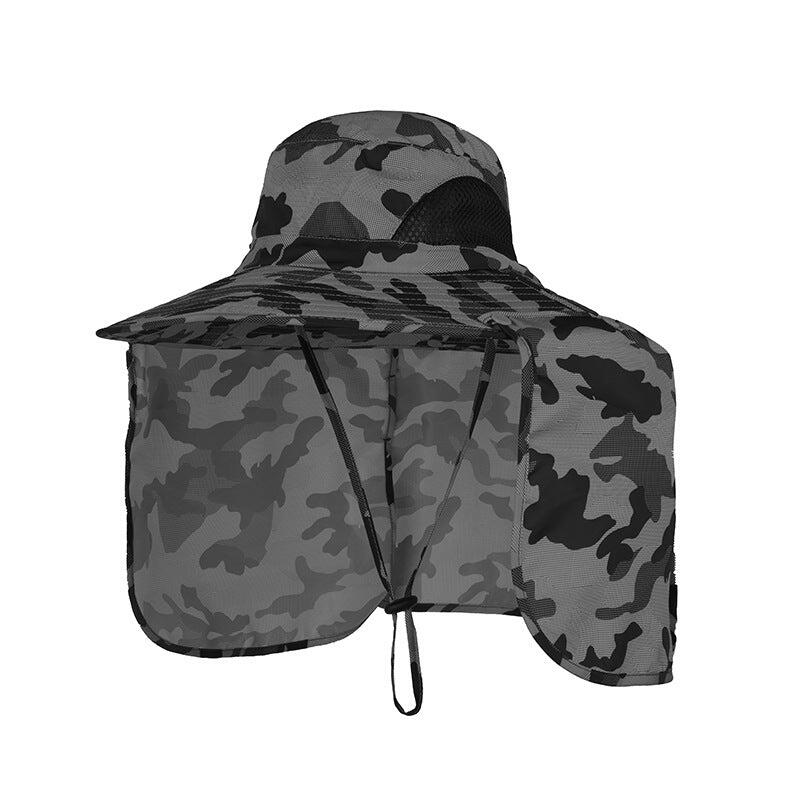 Camouflage Dark Grey Fishing Hat Wide Brim Neck Flap
