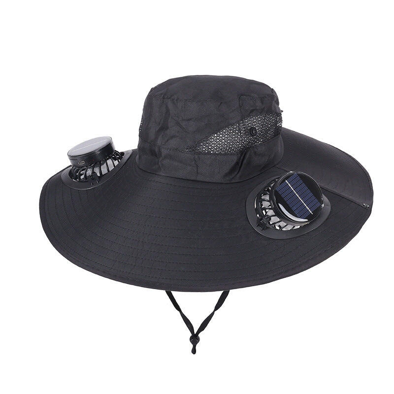 Black Dual Turbo Fan Sun Hat with Round Solar Panel & TypeC Interface