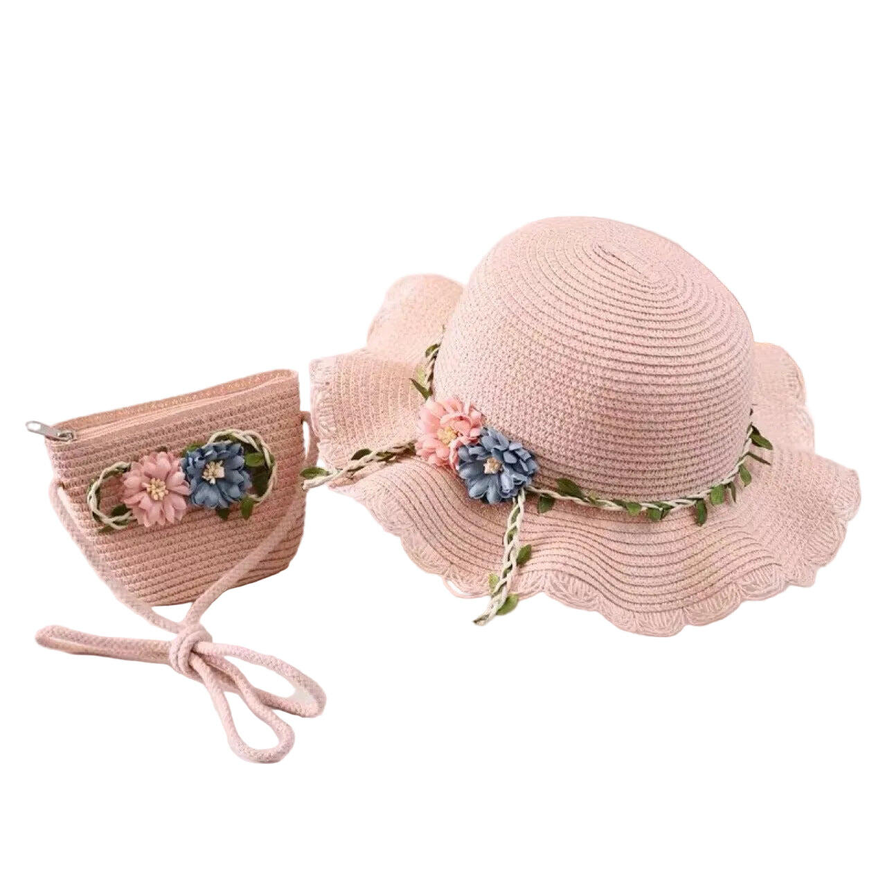 Pink Girls Summer Princess Straw Straw Hat and Matching Purse Set