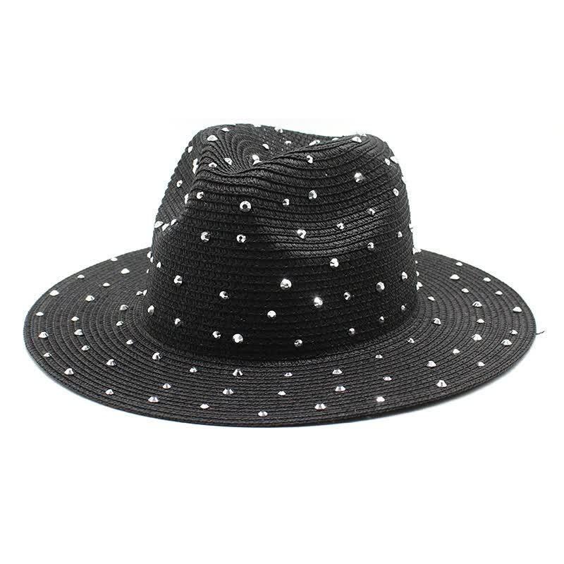 Black Women's Wide-Brim Straw Hat with Rhinestones - M(56-58cm)