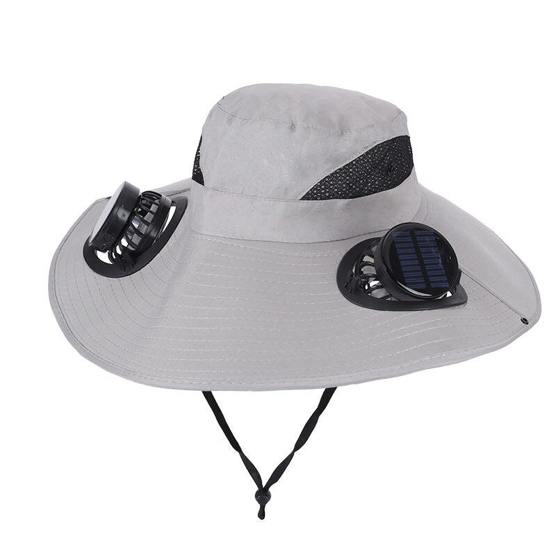 Light Grey Dual Turbo Fan Sun Hat with Round Solar Panel & TypeC Interface