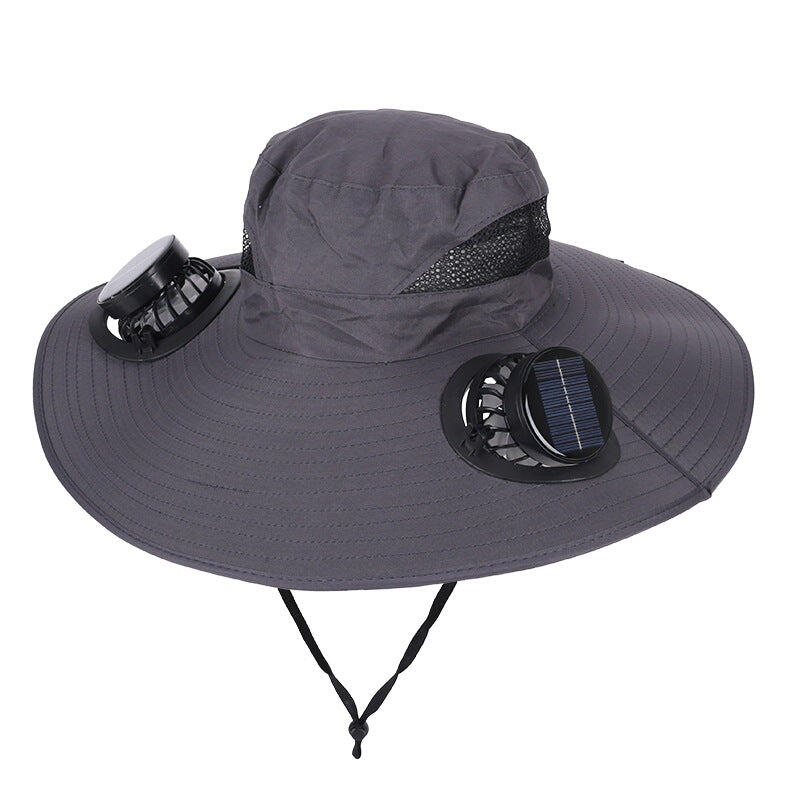 Dark Grey Dual Turbo Fan Sun Hat with Round Solar Panel & TypeC Interface