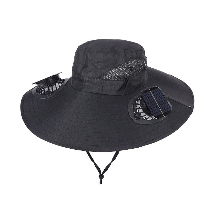 Black Dual Turbo Fan Sun Hat with Square Solar Panel & TypeC Interface