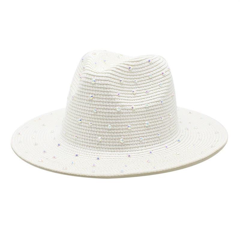 White Women's Wide-Brim Straw Hat with Rhinestones - M(56-58cm)