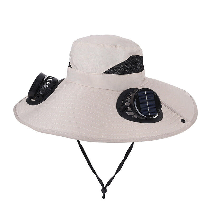 Khaki Dual Turbo Fan Sun Hat with Round Solar Panel & TypeC Interface