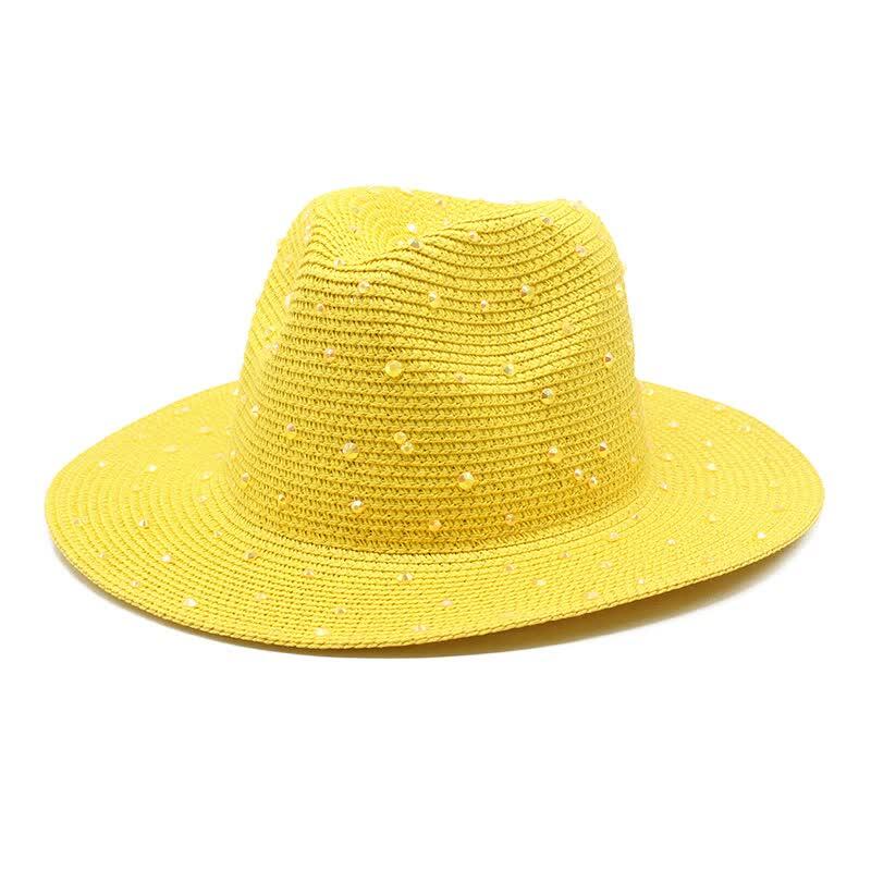 Yellow Women's Wide-Brim Straw Hat with Rhinestones - M(56-58cm)