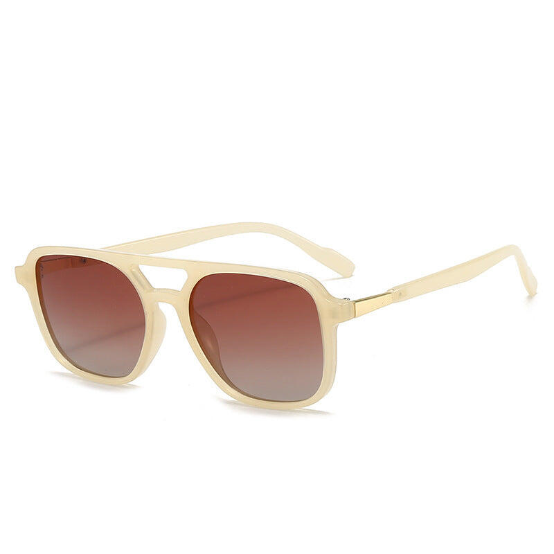 Beige Retro Double Bridge Square Frame Polarized Sunglasses