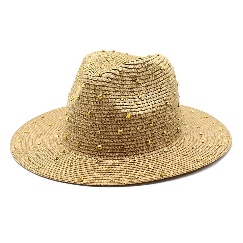 Khaki Women's Wide-Brim Straw Hat with Rhinestones - M(56-58cm)