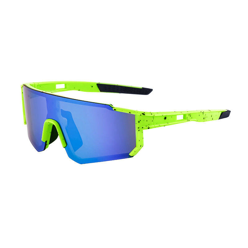 Neon Green Sports Sunglasses with Blue Mirrored Lens