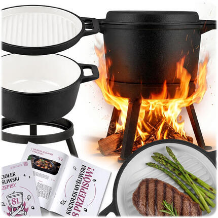 Kociołek żeliwny emaliowany Berdsen BD-480 garnek 8L stojący + patelnia grill
