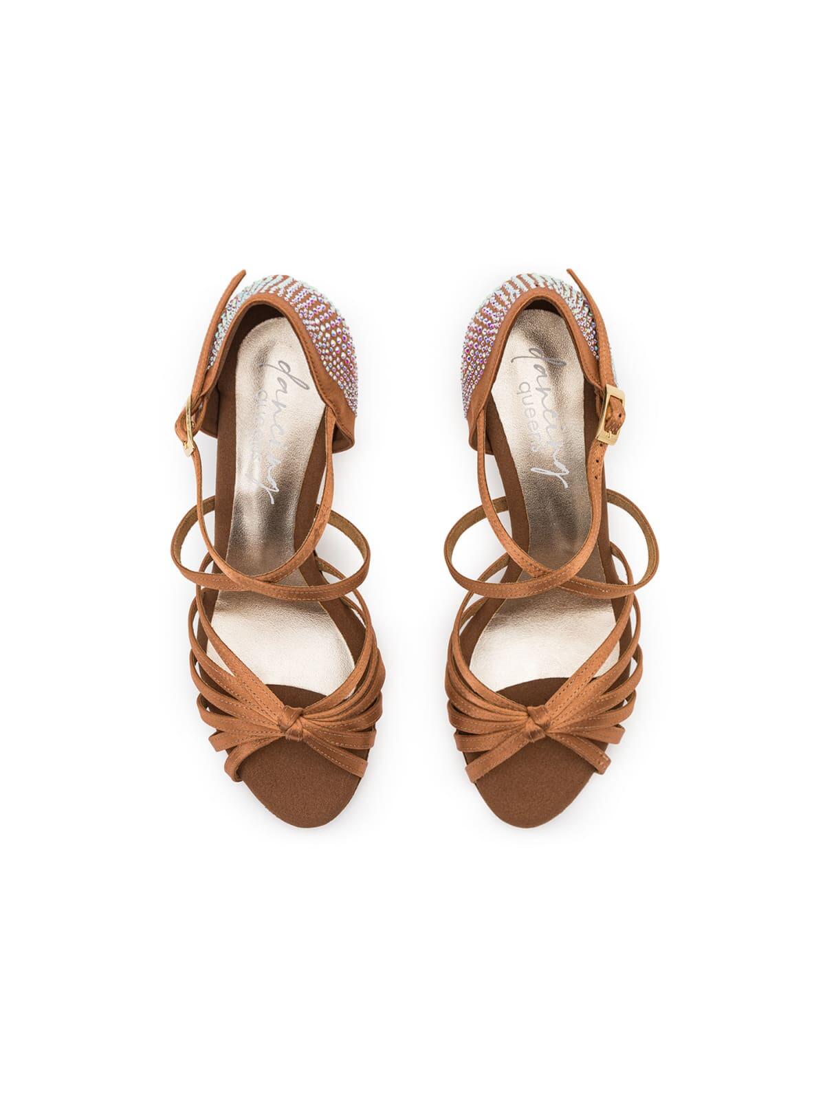 Tanzschuhe 205 Satin Tan mit Strass - Absatz 7,0 cm, flexible Sohle 3/4