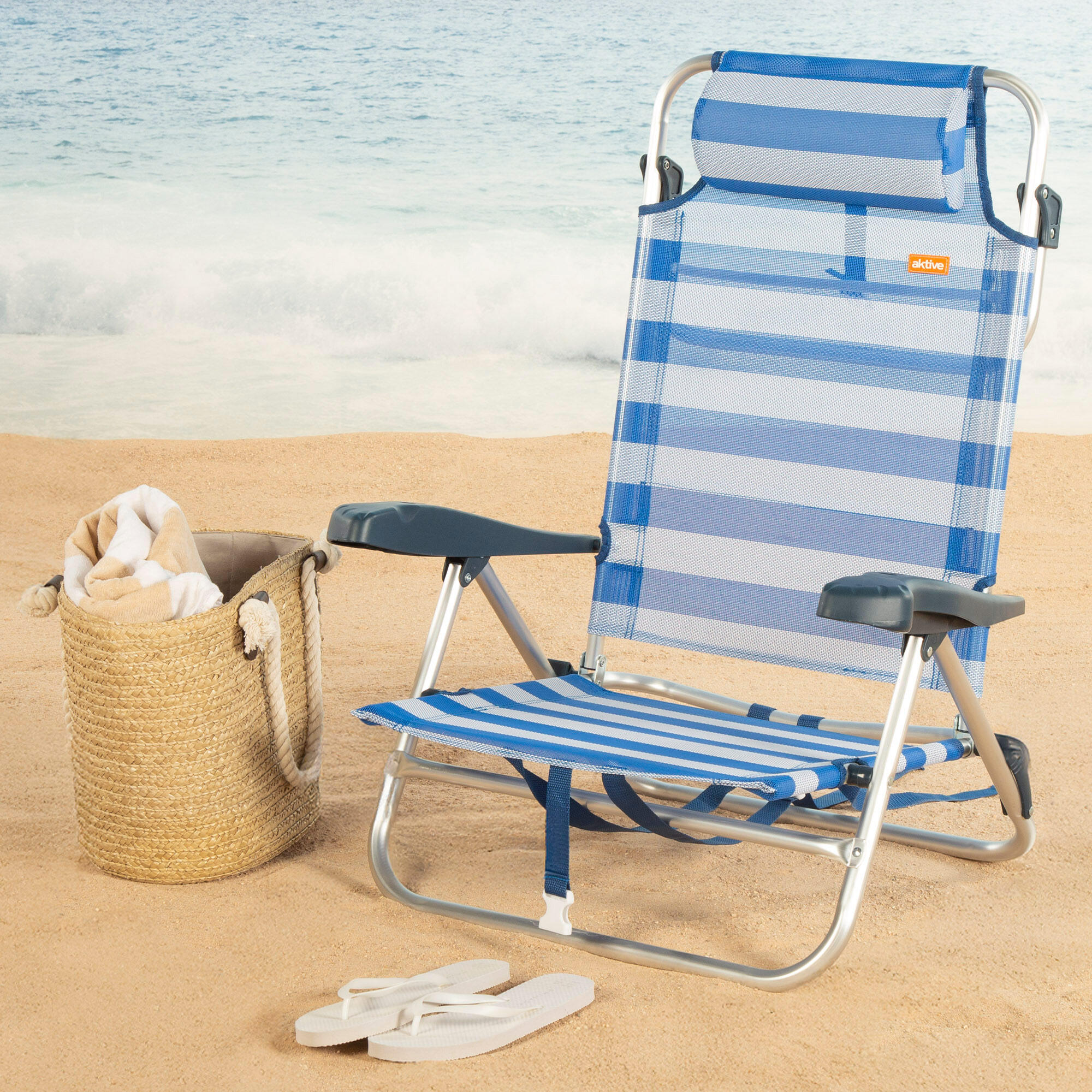 Aktive Set di 2 sedie da spiaggia basse multiposizione 47x49x82 cm stile nautico 2/7