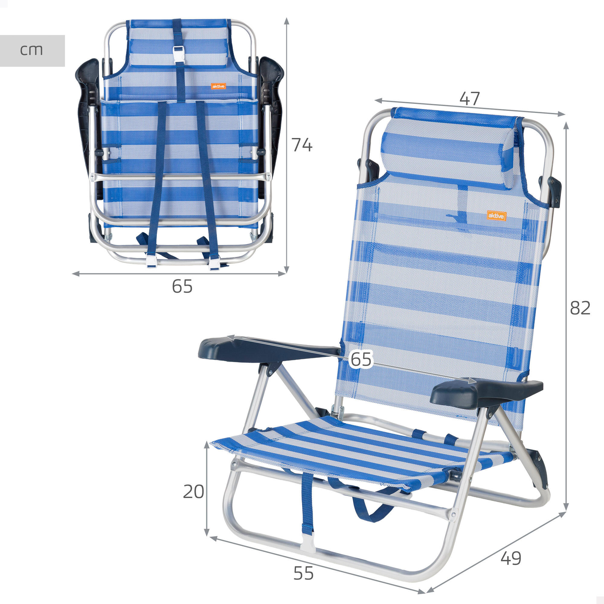Aktive Set di 2 sedie da spiaggia basse multiposizione 47x49x82 cm stile nautico 4/7
