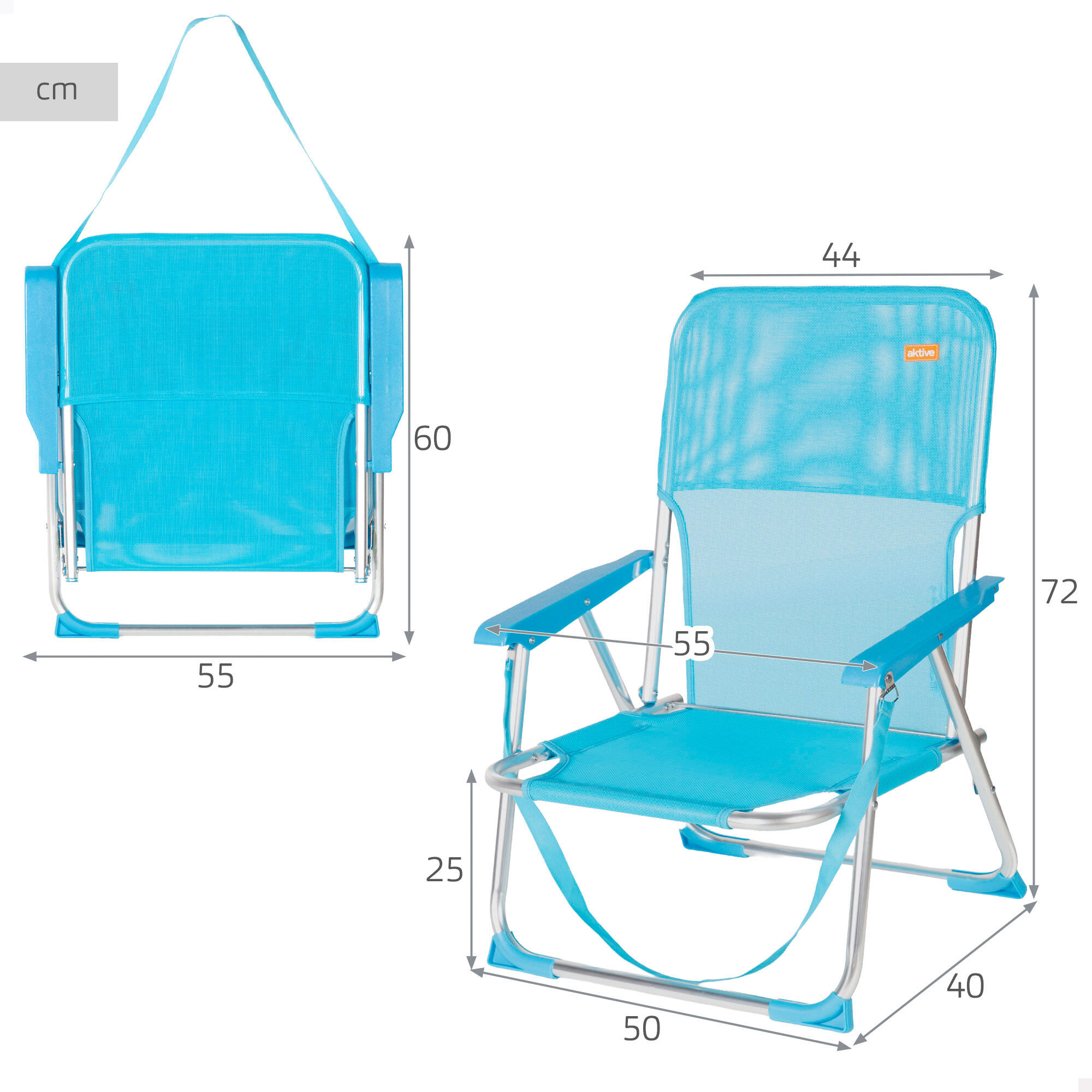 Aktive Lot de 2 chaises de plage pliantes 44x40x72 cm bleu avec poignée 4/7