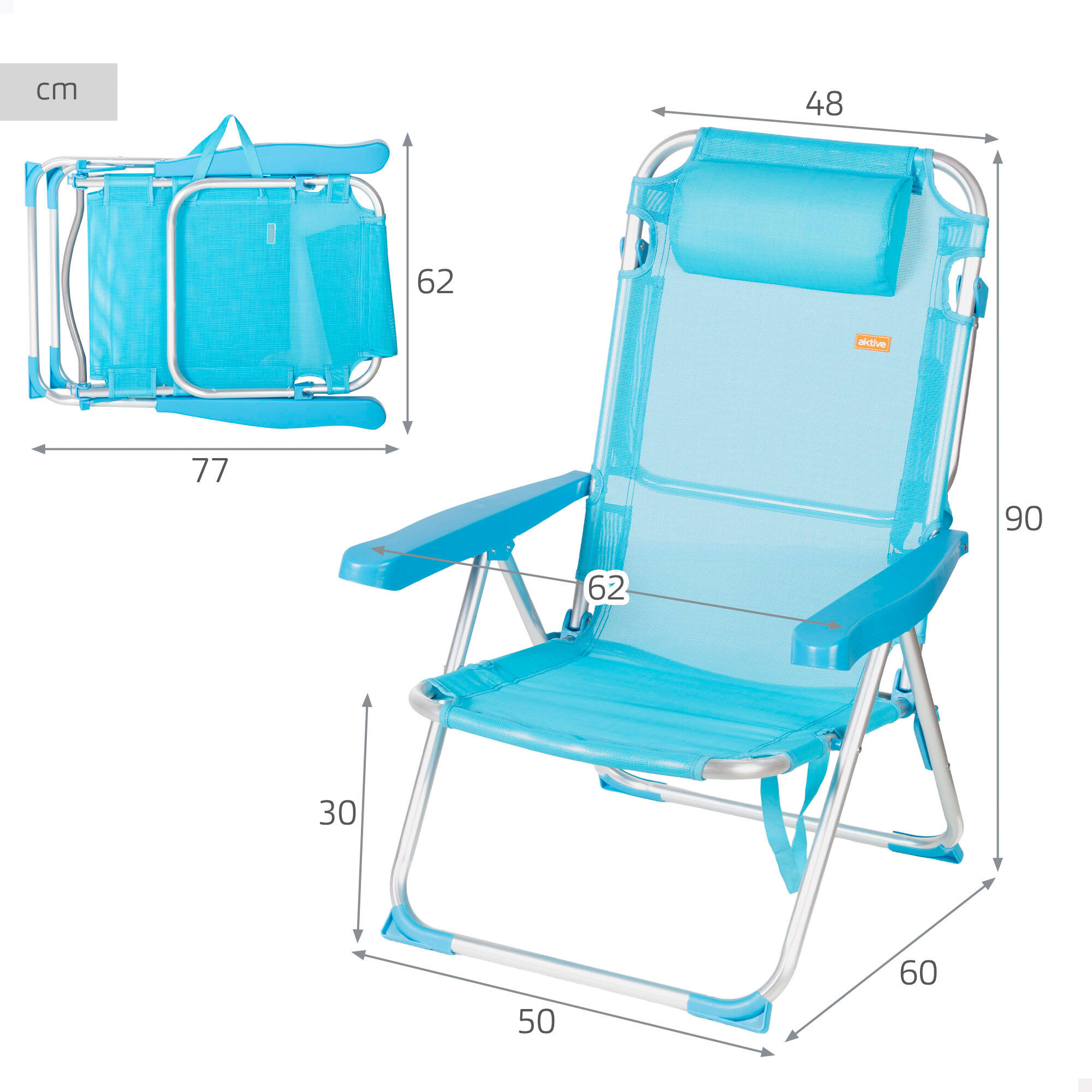 Aktive Set di 2 sedie da spiaggia alte multiposizione 48x60x90 cm blu 4/7