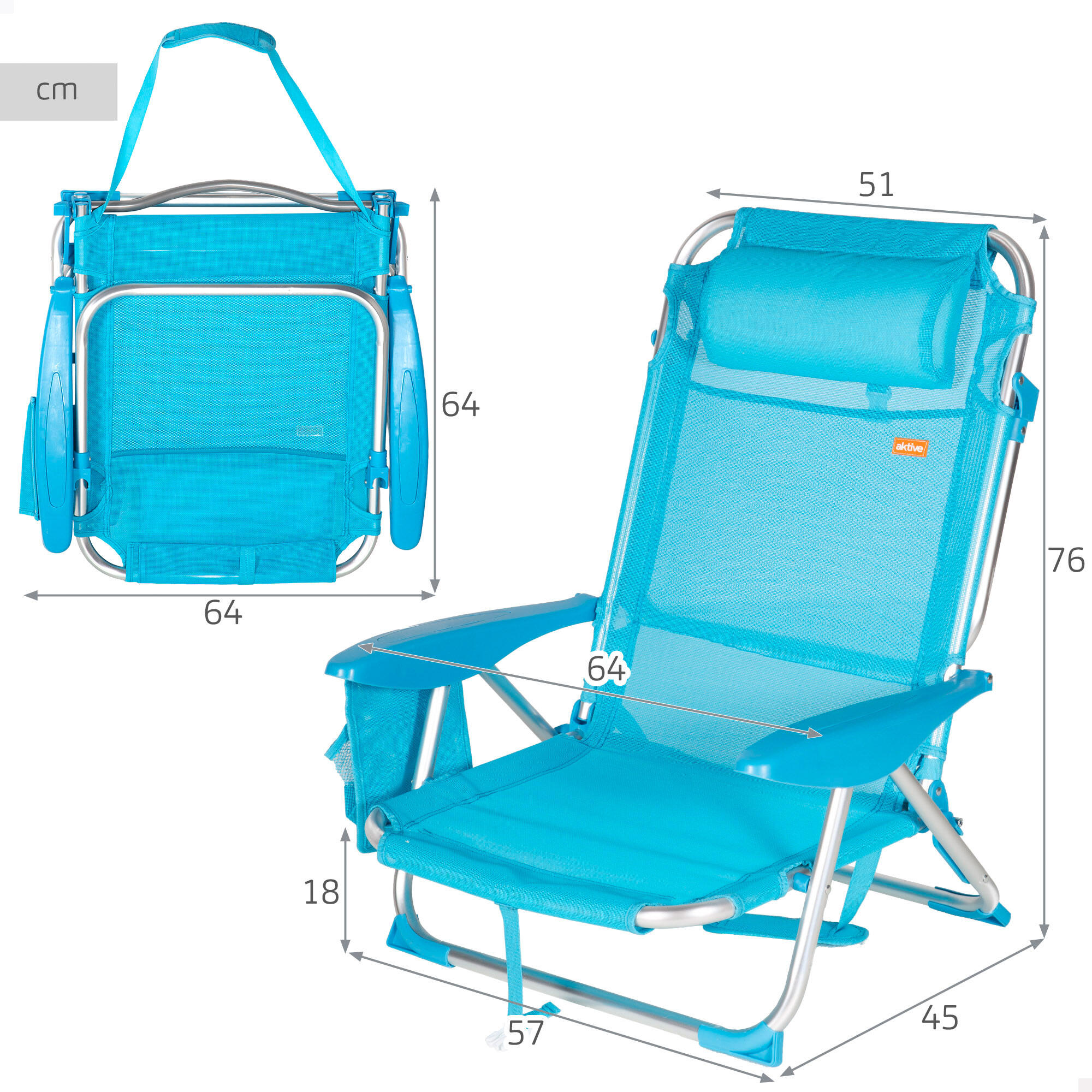 Aktive Sedia da spiaggia bassa pieghevole multiposizione 51x45x76 cm blu 4/7