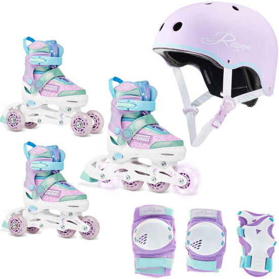 Zestaw Rolki Regulowane 3w1 Raven Etta Kółka LED Kask Essto Ochraniacze Verba