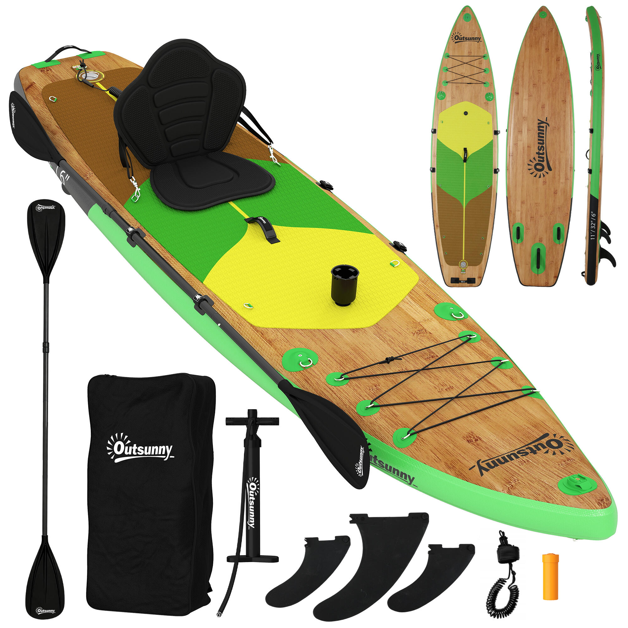 Paddle Surf Insuflável Outsunny Castanho e Verde 1/5