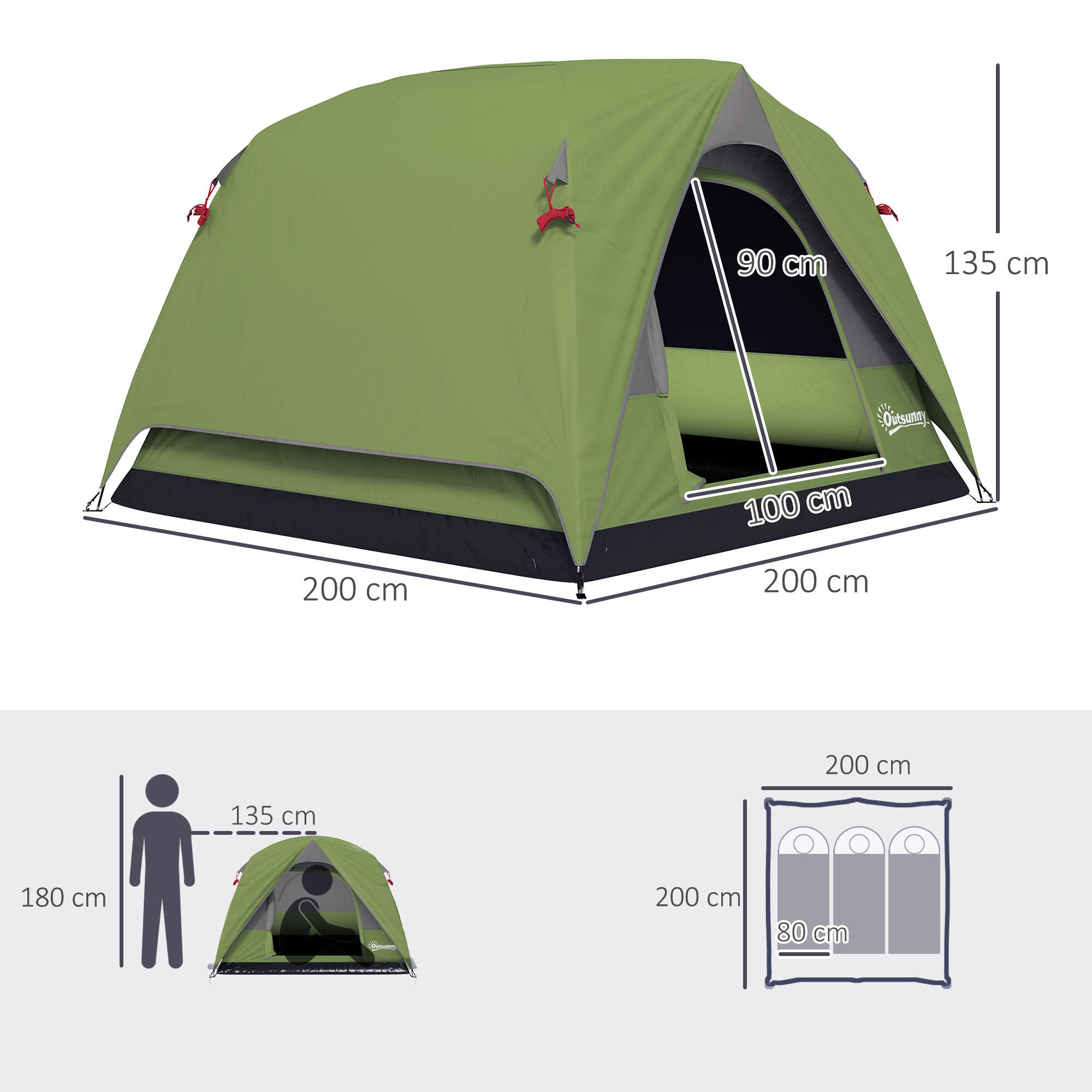 Outsunny Tenda da Campeggio per 3 Persone Impermeabile 2x2x1.35m Verde 3/7