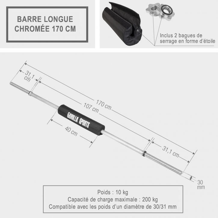 Kit Barra Musculación con Almohadilla Gorilla Sports Comada/Negro 170 cm 5/6