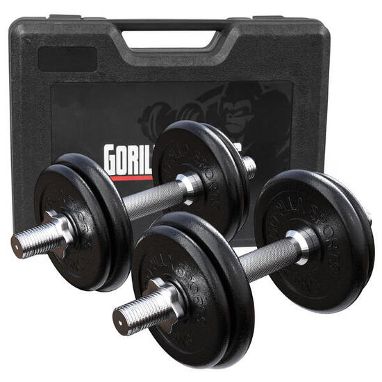 2x 10 kg hantle żeliwne w walizce Gorilla Sports