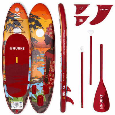 Tweedehands - opblaasbaar supboard met peddel en vinnen, huiike, bordeauxrood