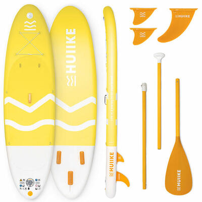 Tweedehands - opblaasbaar supboard met peddel en vinnen, huiike, geel