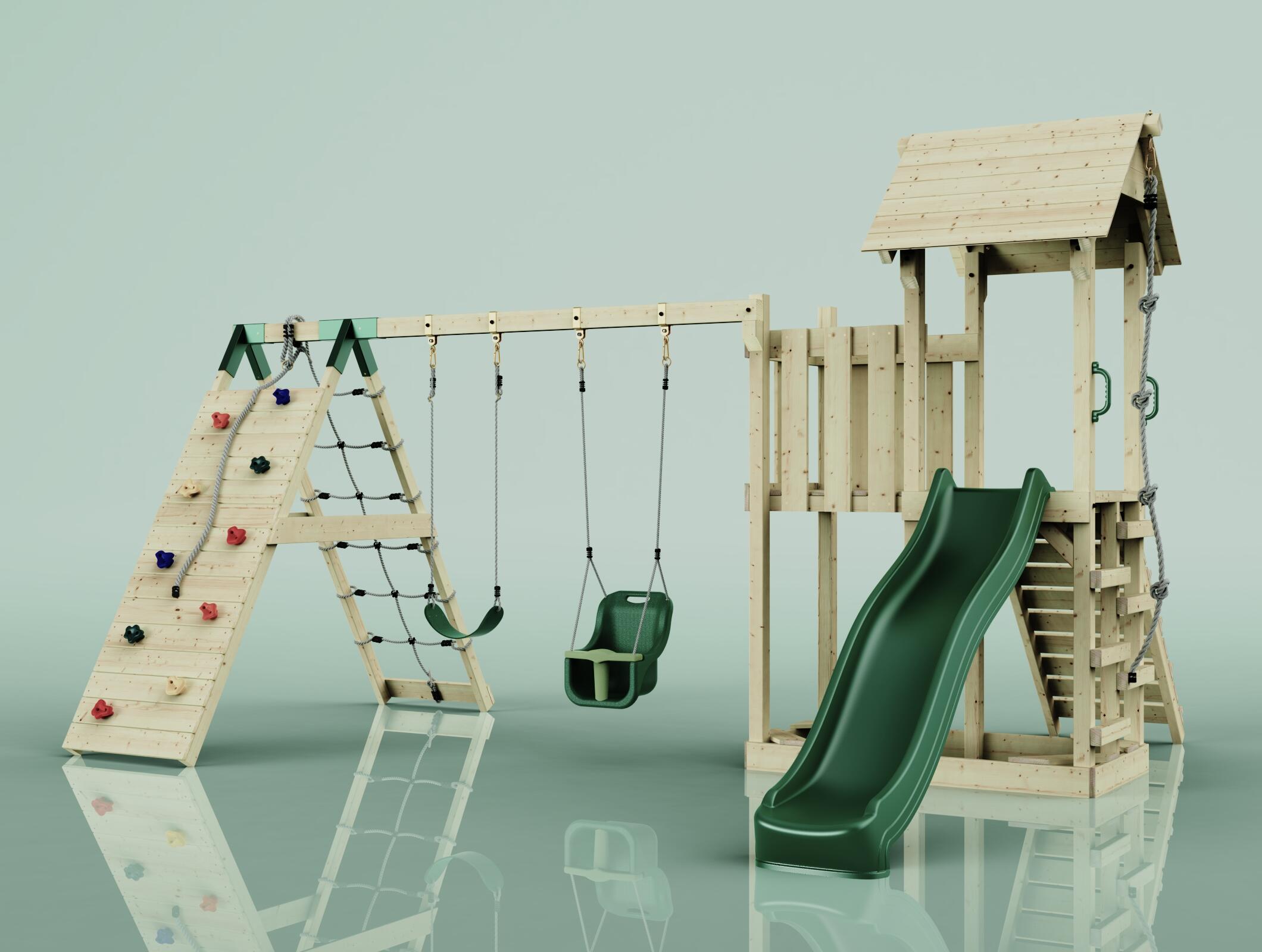 Spielturm Roskilde mit Babyschaukel in Dunkelgrün - 357 × 451 × 274 cm 4/5