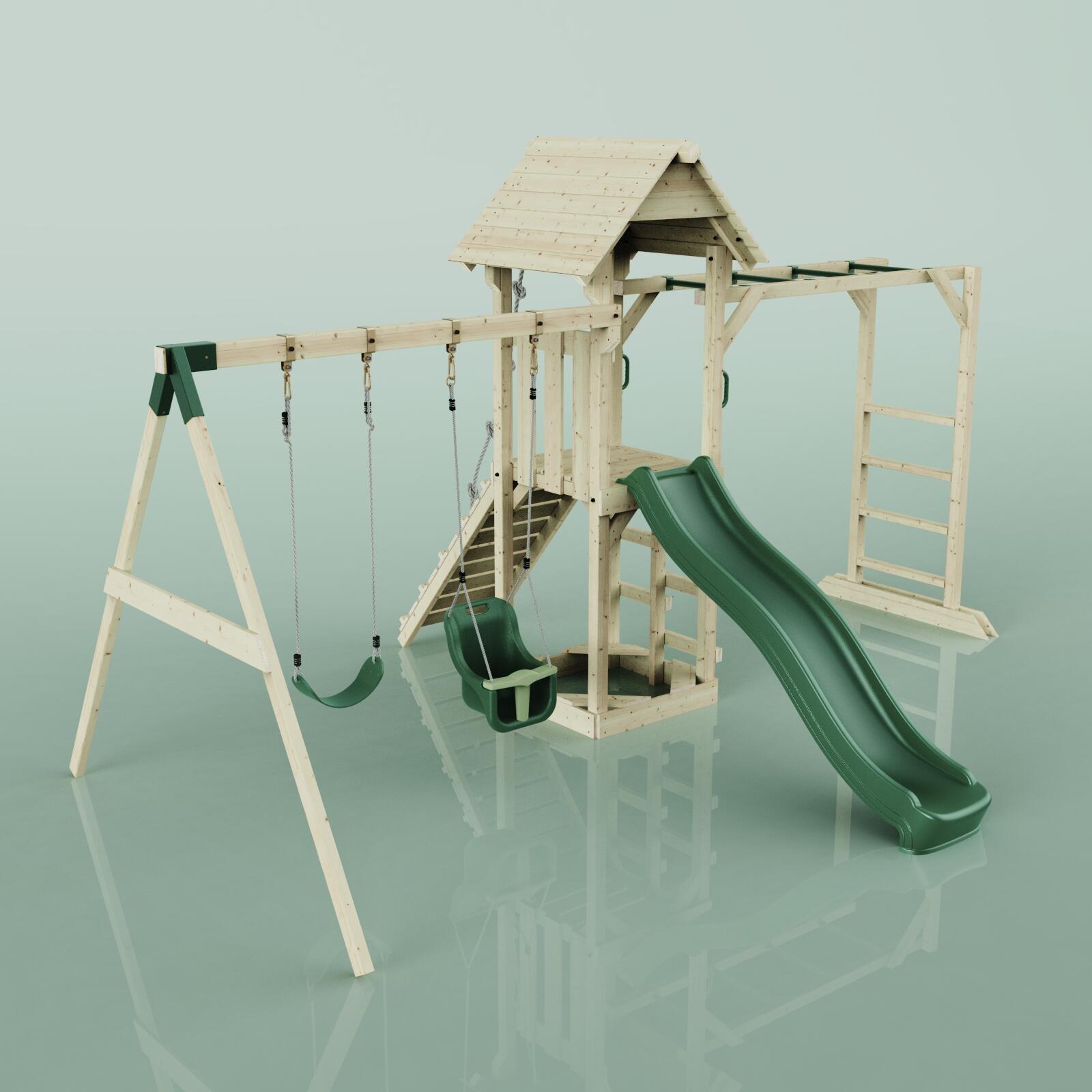 Spielturm Örebro mit Babyschaukel in Dunkelgrün - 358 × 491 × 275 cm 4/6