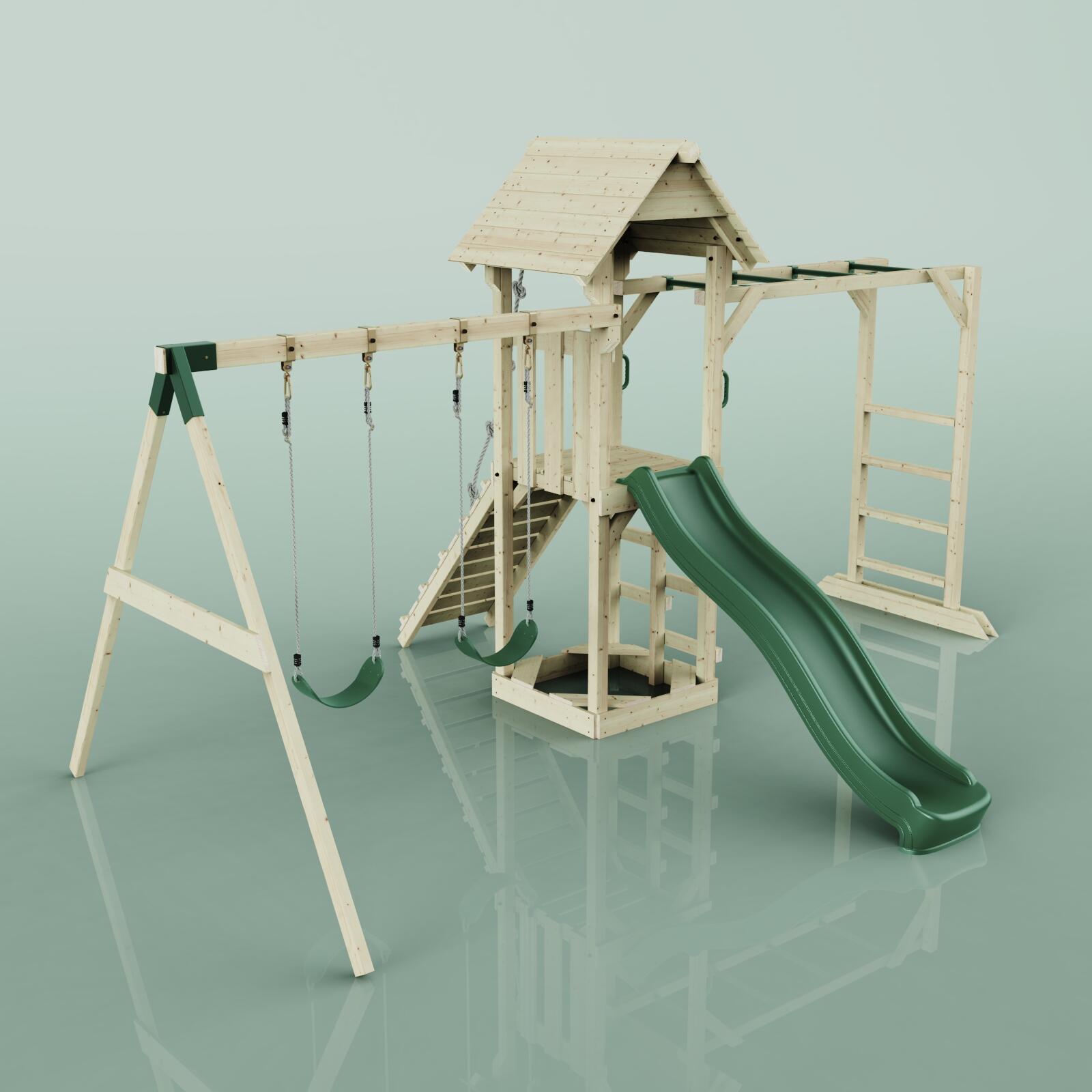 Spielturm Örebro mit Kinderschaukel in Dunkelgrün - 358 × 491 × 275 cm 4/6