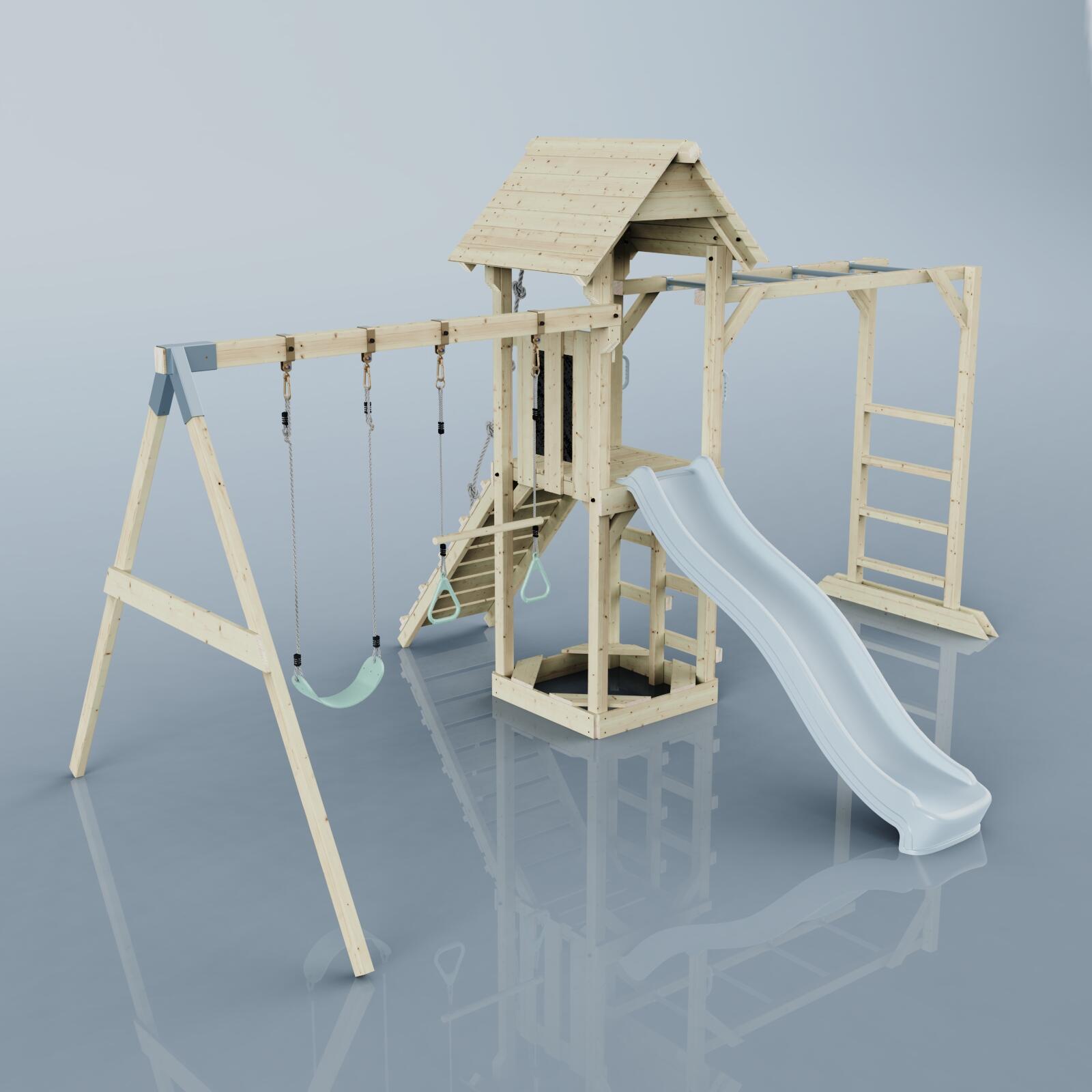 Spielturm Örebro mit Trapezstange in Eisblau - 358 × 491 × 275 cm 4/6