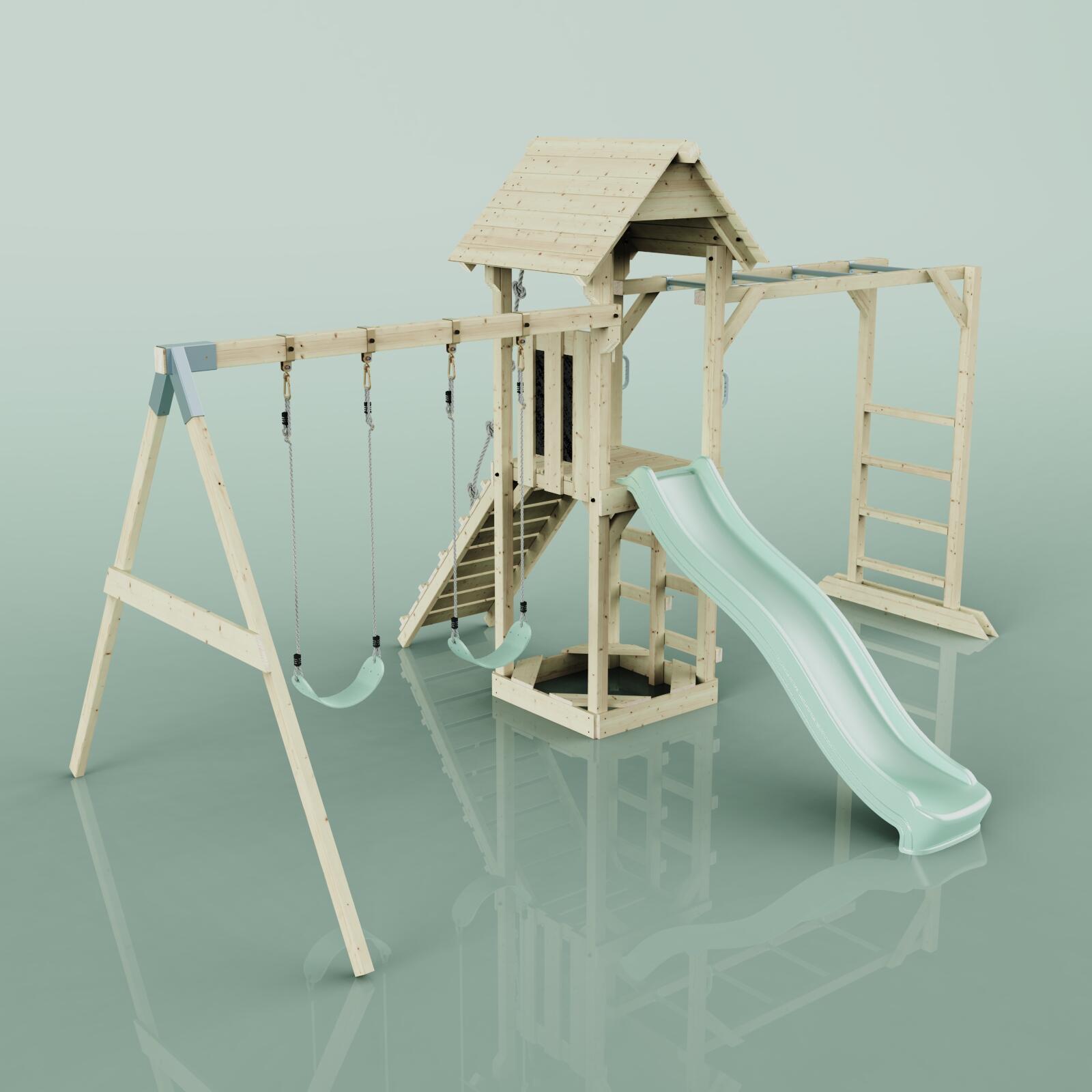 Spielturm Örebro mit Kinderschaukel in Mintgrün - 358 × 491 × 275 cm 4/6