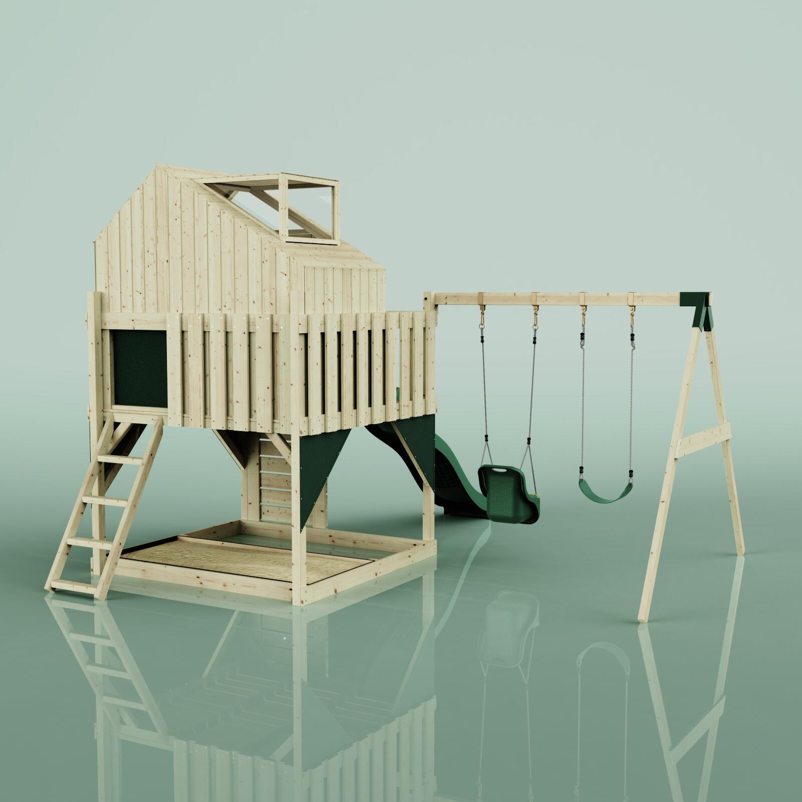 Spielturm Lasse mit Babyschaukel in Dunkelgrün - 414 × 399 × 292 cm 4/5