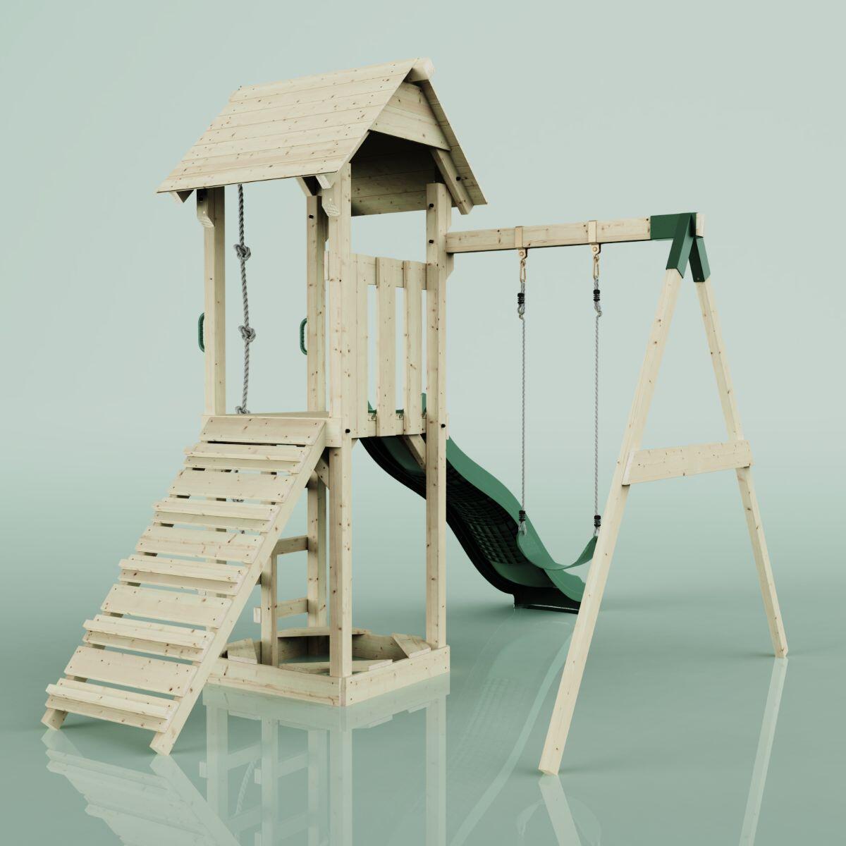 Spielturm Göteborg mit Kinderschaukel in Dunkelgrün - 357 × 202 × 273 cm 4/5