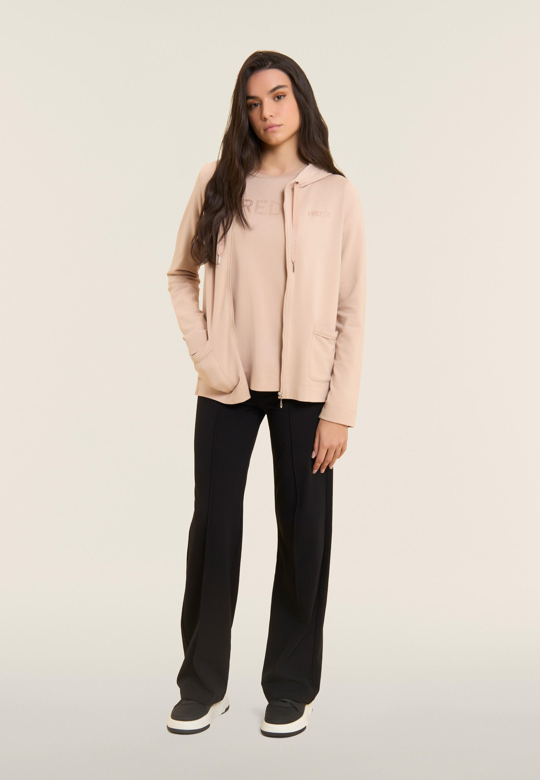 Felpa Cappuccio Zip con strass e inserto effetto seta 5/5