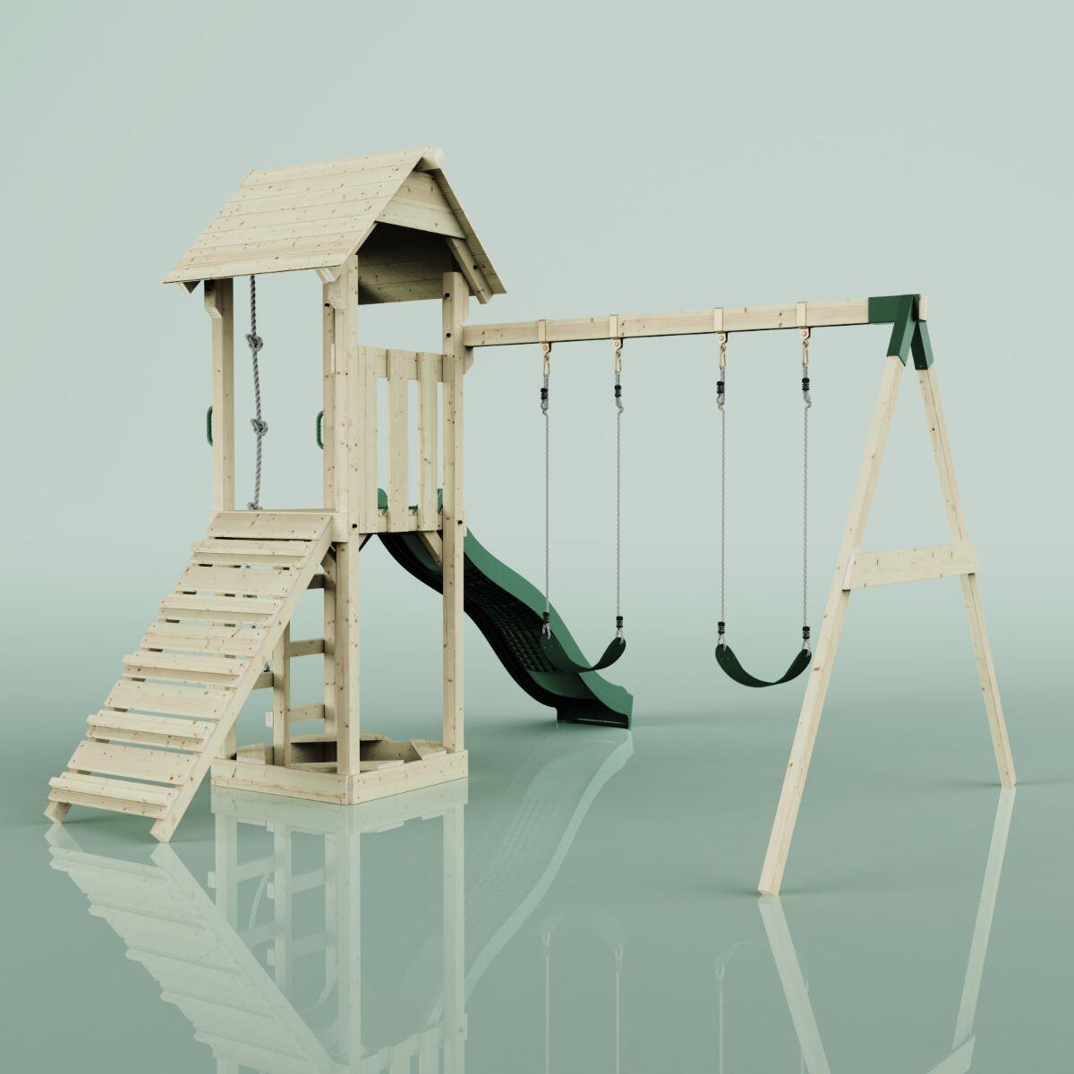 Spielturm Vimmerby mit Kinderschaukel in Dunkelgrün - 357 × 305 × 273 cm 4/5