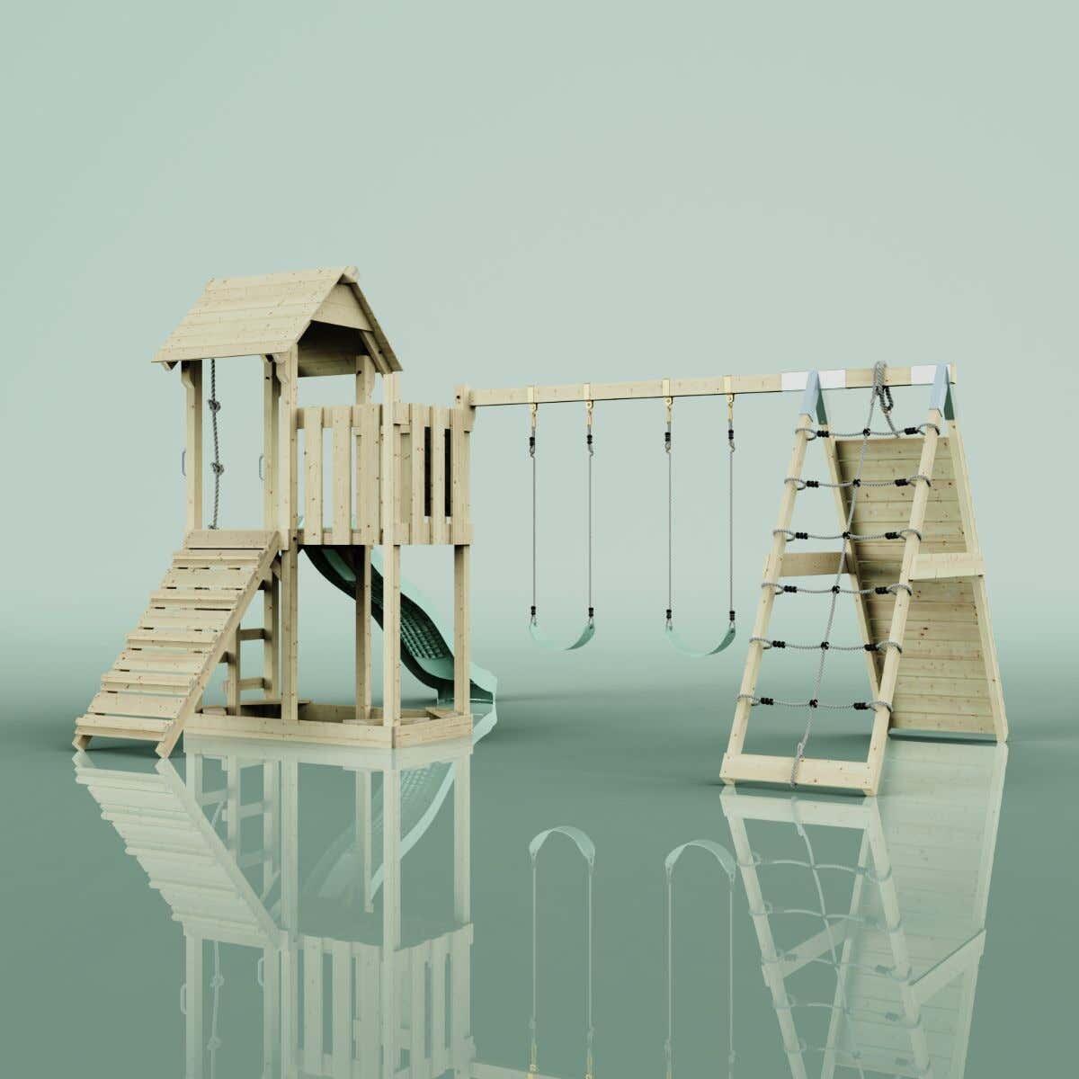 Spielturm Roskilde mit Kinderschaukel in Mintgrün - 357 × 451 × 274 cm 3/6