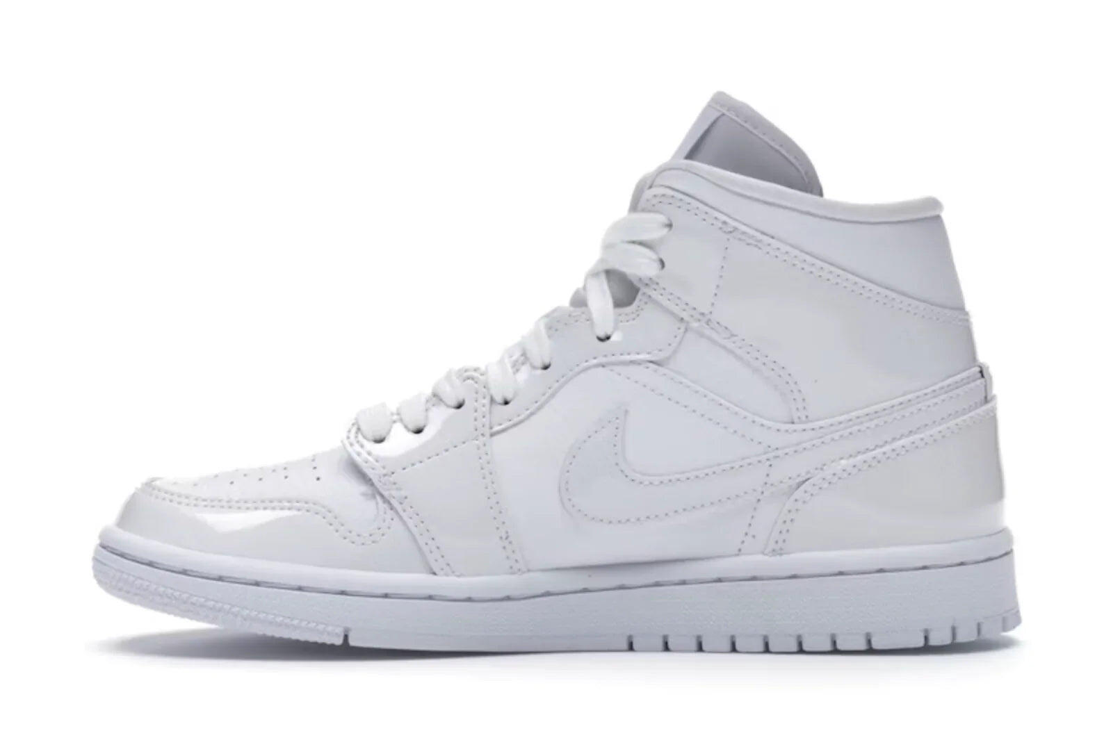 Air Jordan 1 Mid Triple White Patent Swoosh (W) 3/4