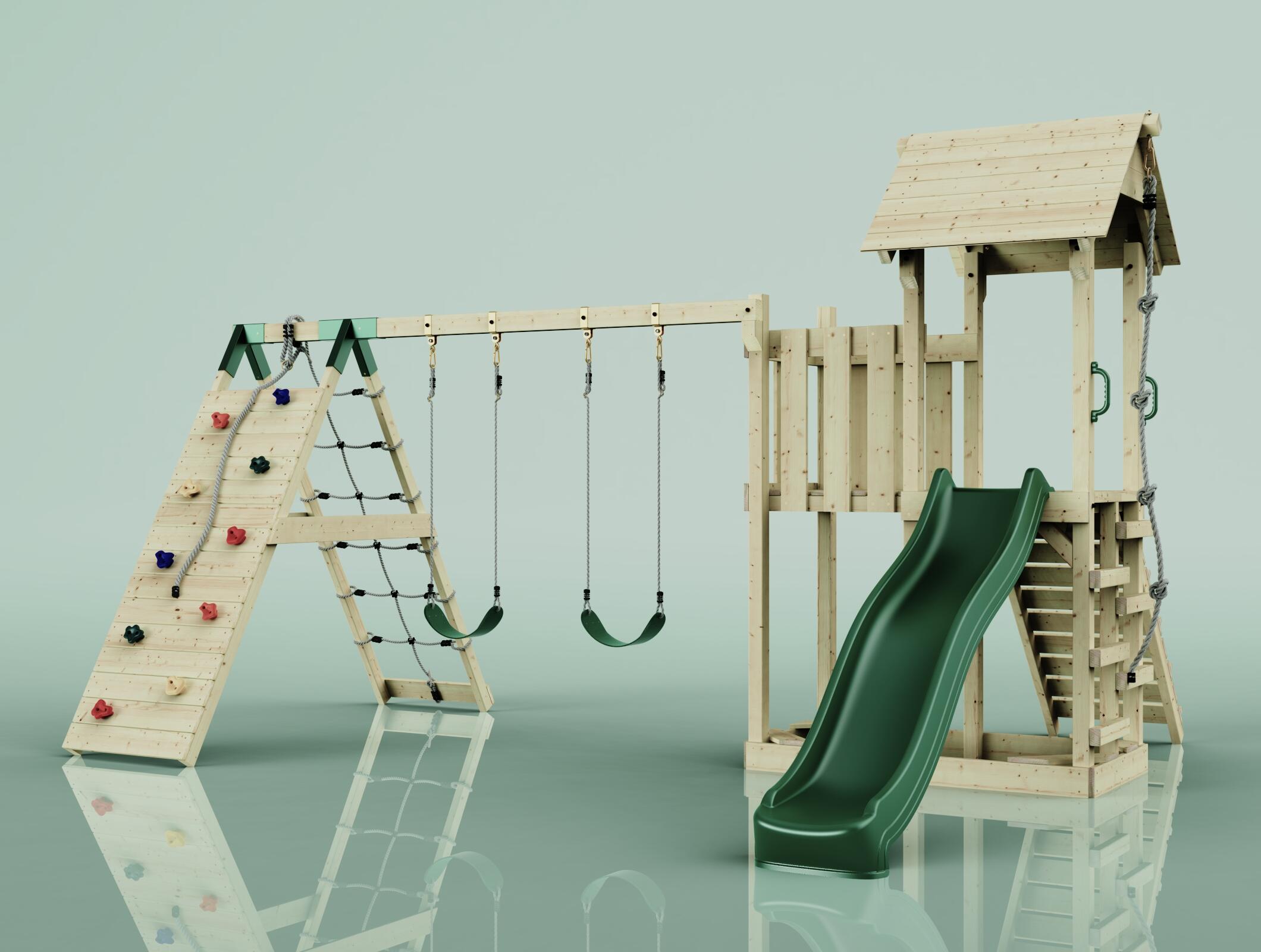 Spielturm Roskilde mit Kinderschaukel in Dunkelgrün - 357 × 451 × 274 cm 4/5