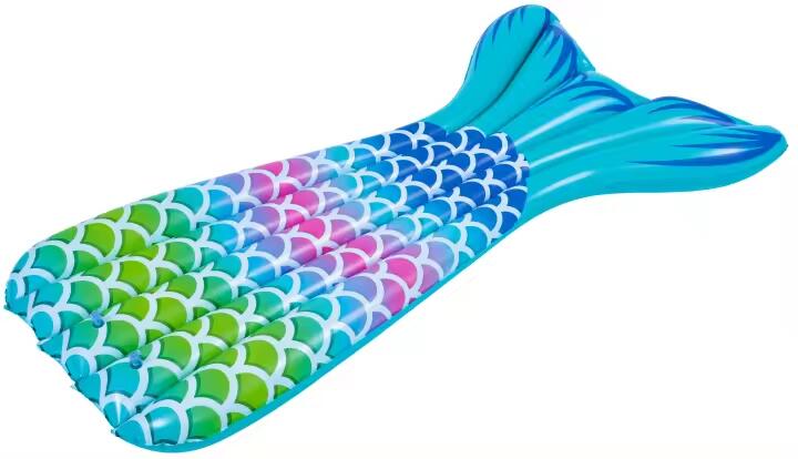Colchoneta hinchable cola de sirena 180×88 cm, ideal para relajarse en agua. 2/3