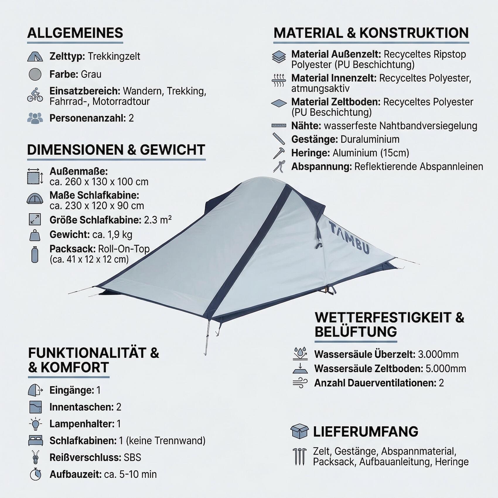 2 Personen Biker Zelt 1,9 KG 3000mm Wassersäule Packmaß 41 x 12 cm 3/7
